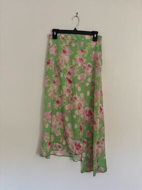 ASOS Asymmetrical Green Midi Skirt with Pink Floral Print